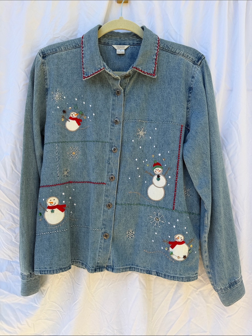 Vintage Christopher & Banks Snowman Embroidered Denim Shirt Jacket M Christmas